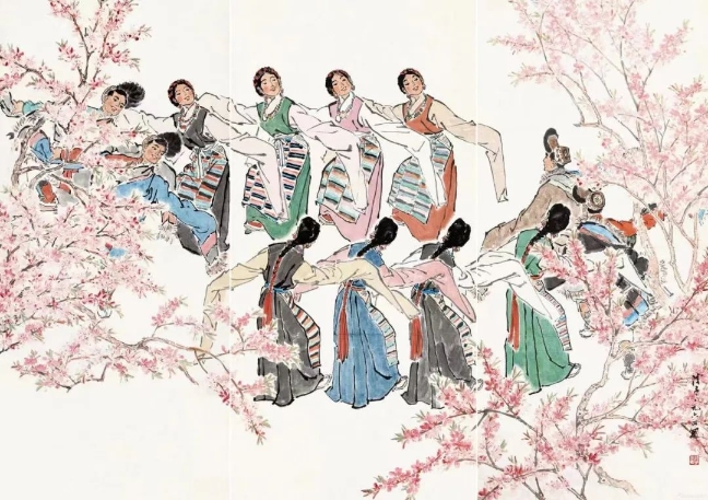 葉淺予高原之春紙本設色211cm×98cm、211cm×105cm、211cm×98cm1964年